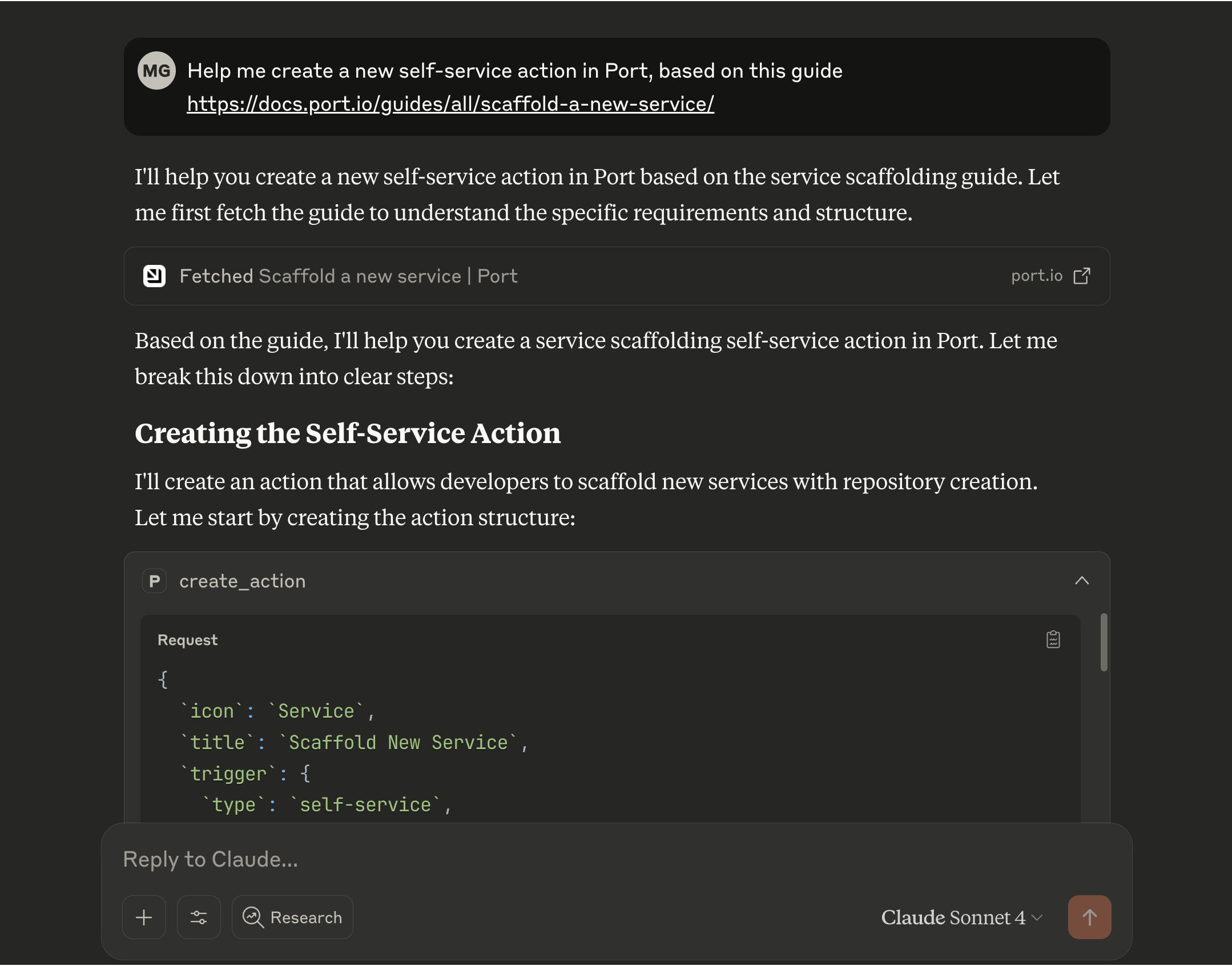 Claude building a self-service action